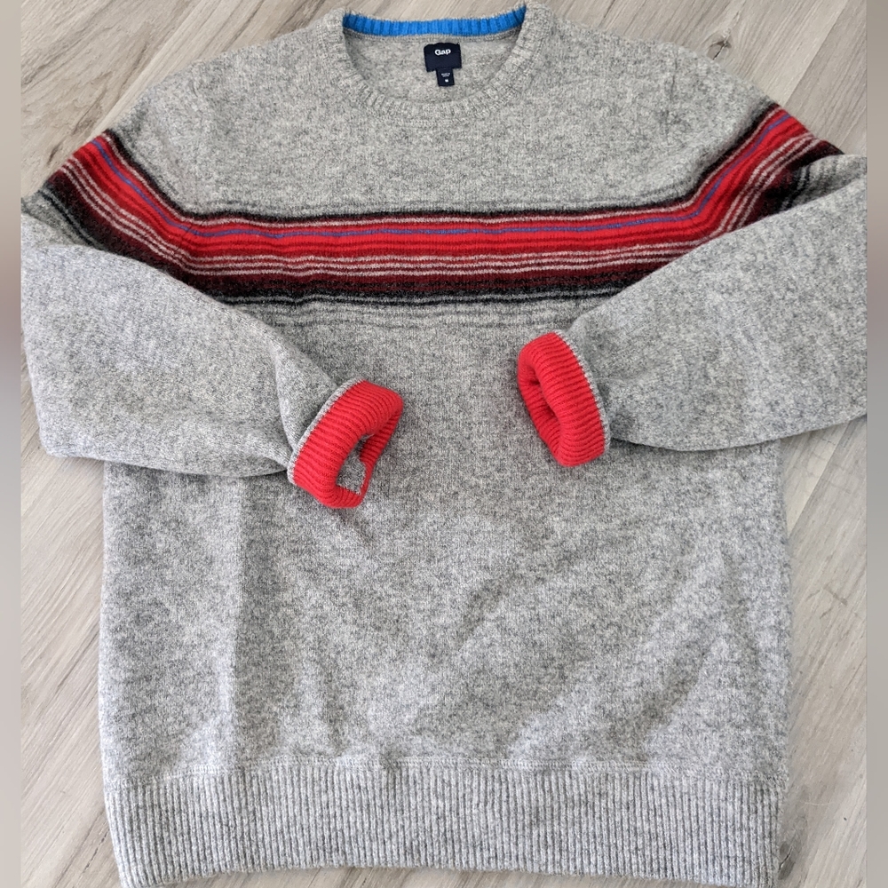 Gap Y2K Lambs' Wool Striped Sweater Mens M Grey Red Crewneck